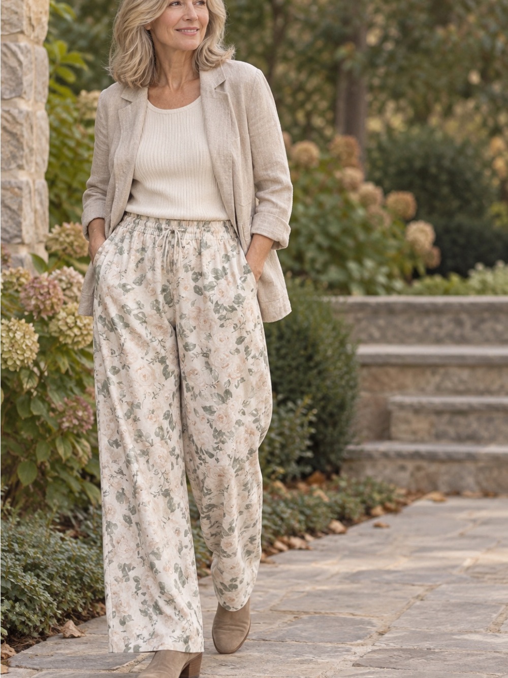 Floral Wide-Leg Linen Blend Pants in Cream and Sage